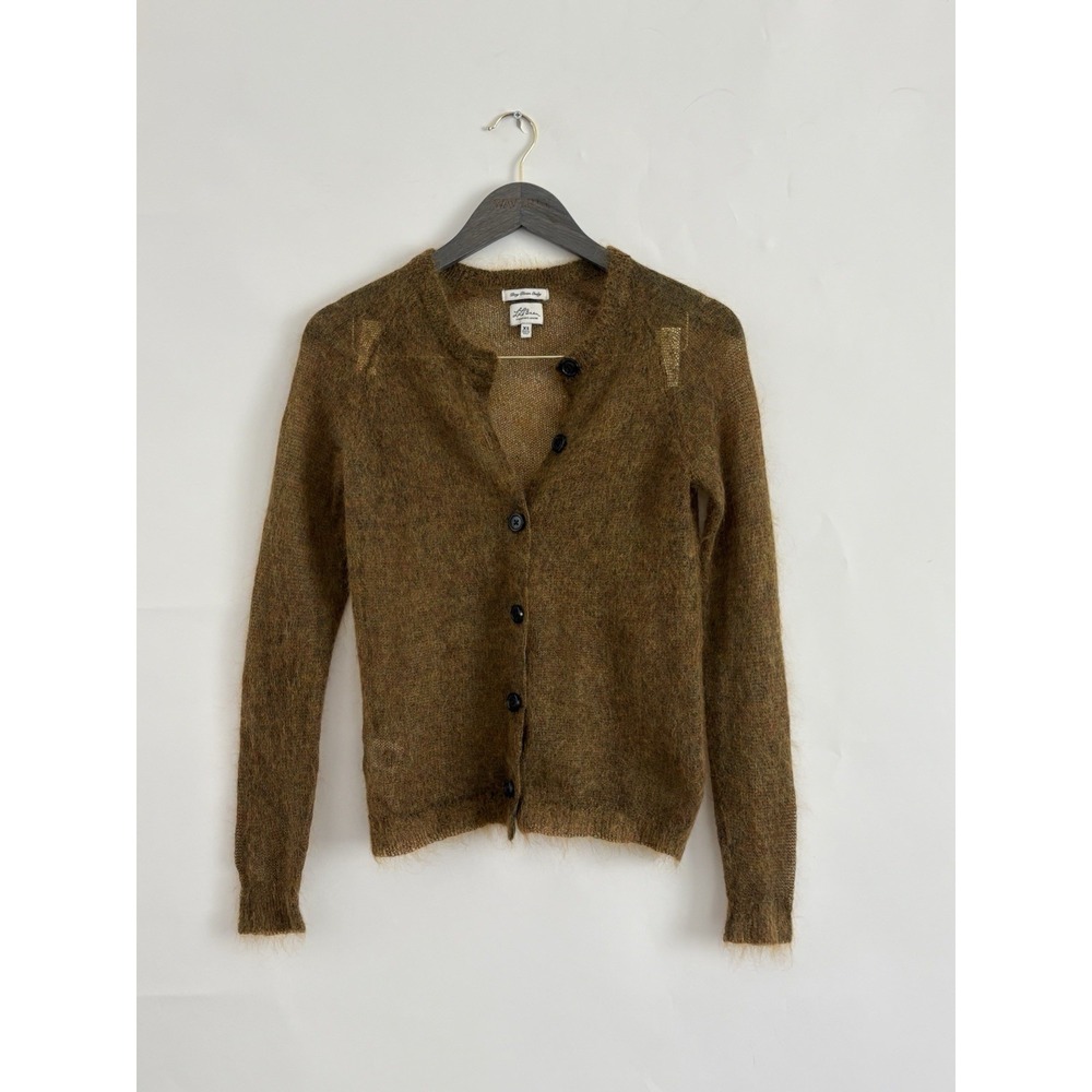 L.L.Bean Mohair Cardigan Sweater Fuzzy Sheer Halo Knit Womans XS Brown Olive